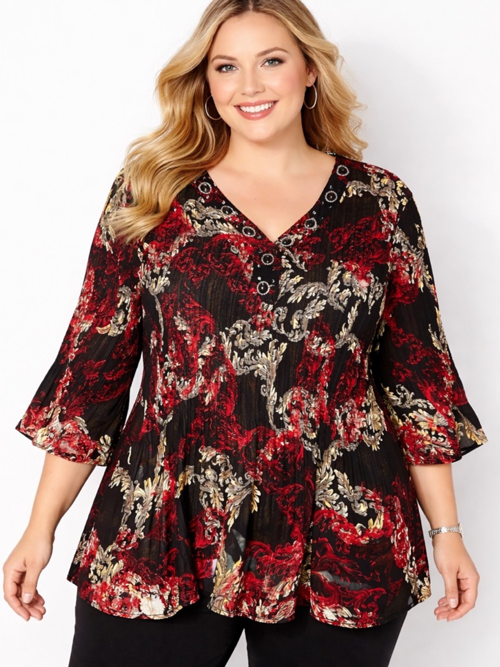 Catherines Bejeweled Crinkle Top Sz 3X Black Red